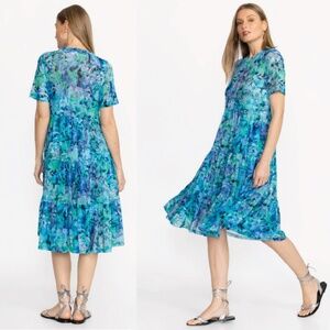 NWT | JADE JOHNNY WAS Viletta Floral Mesh Tiered Midi Dress Small Blue Green
